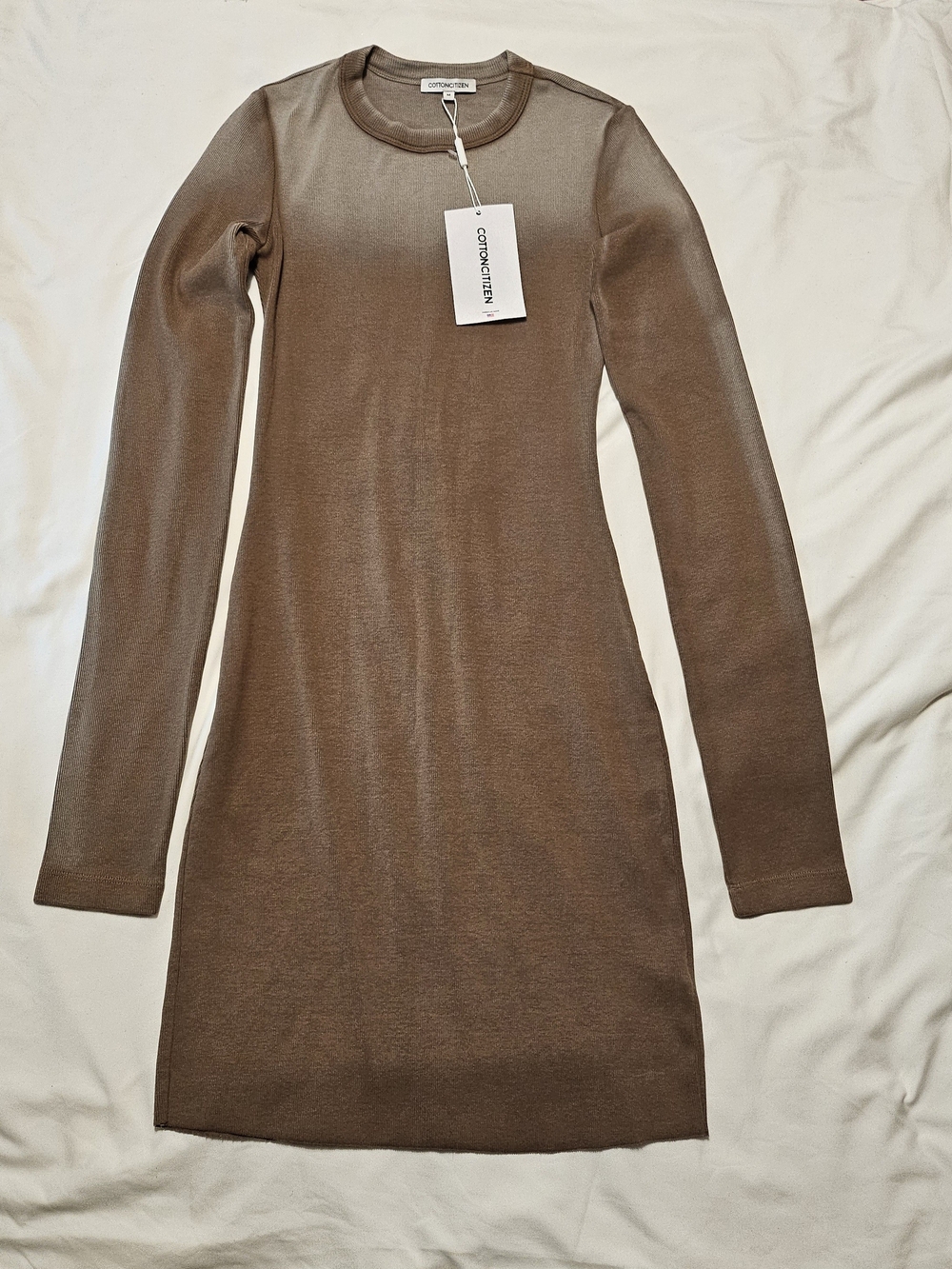 Cotton Citizen Camel Cast Long Sleeve Ribbed Ombre Crewneck Mini Bodycon Dress - Picture 3 of 7